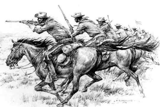 Buffalo Soldiers - African Americans have fought in military conflicts since colonial days. However, the Buffalo Soldiers, comprised of former slaves, freemen and Black Civil War soldiers, were the first to serve during peacetime. Once the Westward movement had begun, prominent among those blazing treacherous trails of the Wild West were the Buffalo Soldiers of the U.S. Army. These African Americans were charged with and responsible for escorting settlers, cattle herds, and railroad crews. The 9th and 10th Cavalry Regiments also conducted campaigns against American Indian tribes on a western frontier that extended from Montana in the Northwest to Texas, New Mexico, and Arizona in the Southwest. Throughout the era of the Indian Wars, approximately twenty percent of the U.S. Cavalry troopers were Black, and they fought over 177 engagements. The combat prowess, bravery, tenaciousness, and looks on the battlefield, inspired the Indians to call them "Buffalo Soldiers." Many Indians believe the name symbolized the Native American's respect for the Buffalo Soldiers' bravery and valor. Buffalo Soldiers, down through the years, have worn the name with pride..