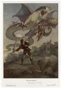 Man fighting a three-headed dragon from a  Grimm's