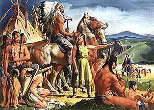 Native Americans - Sacajawea, known as the Shoshone Bird Woman, directs the Lewis and Clark expedition over the perilous passes to safety, succeeding in persuading the rest of her tribe to overcome suspicion and hostility.