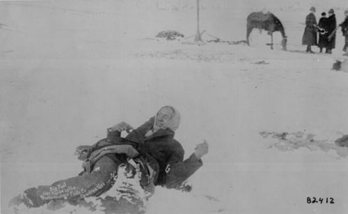 Native Americans - Wounded Knee, "Big Foot, leader of the Sioux, captured at the battle of Wounded Knee, S.D." Here he lies frozen on the snow-covered battlefield where he died, 1890. 