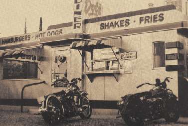 Vintage Harley Knucklehead and Indian Motorcycle at Dot's Diner