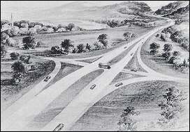 Artist's conception of an interstate highway with at-grade crossings on a four-lane highway designed in conformity with the standards approved in 1945.