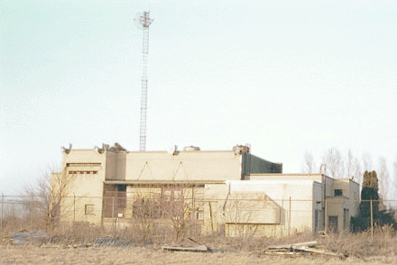 [Rear view of former CKLW transmitter, circa February, 1998]