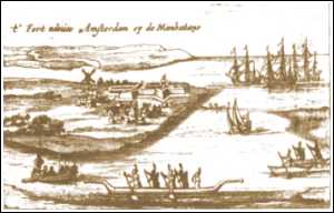 New Amsterdam in 1630. This print was made about 1650. It depicts the fort as rather well-contructed and in good repair, which it never was. 