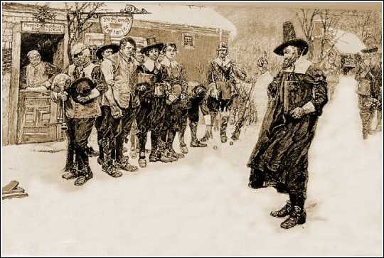 In Puritan New England a few irresponsible colonists scandalized their neighbours by enjoying gaiety and song. Here a pious elder begs them to return to godly ways.